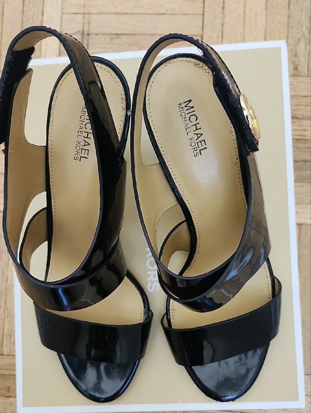 Michael Kors Black Patent Leather Slingback Sandals with Gold MK Accent